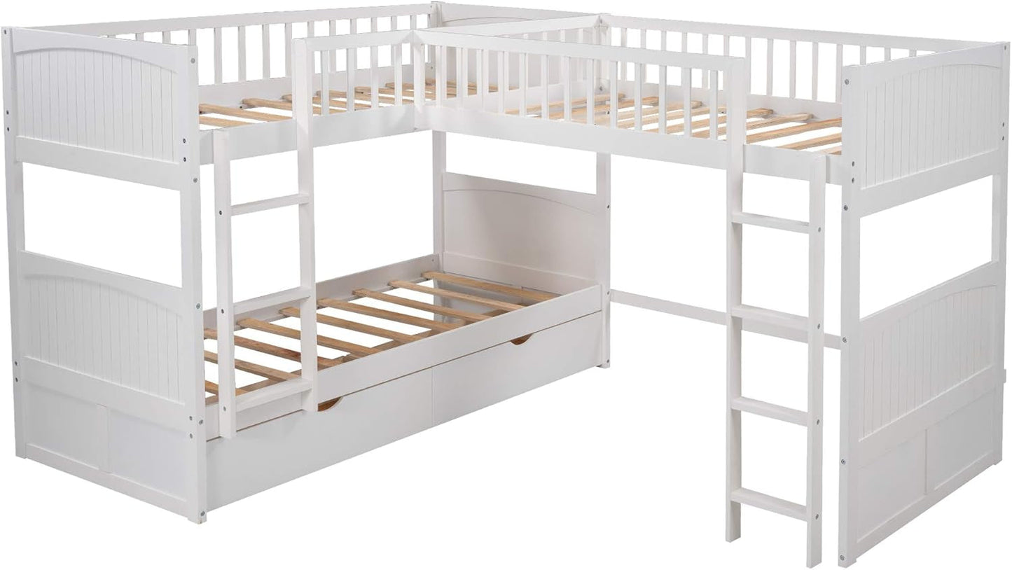 L Shaped Solid Wood Bunk Bed, Twin over Twin over Twin Bed with 2 Drawers and 2 Ladders, Twin Size Bunk Bed with a Loft Bed Attached, White