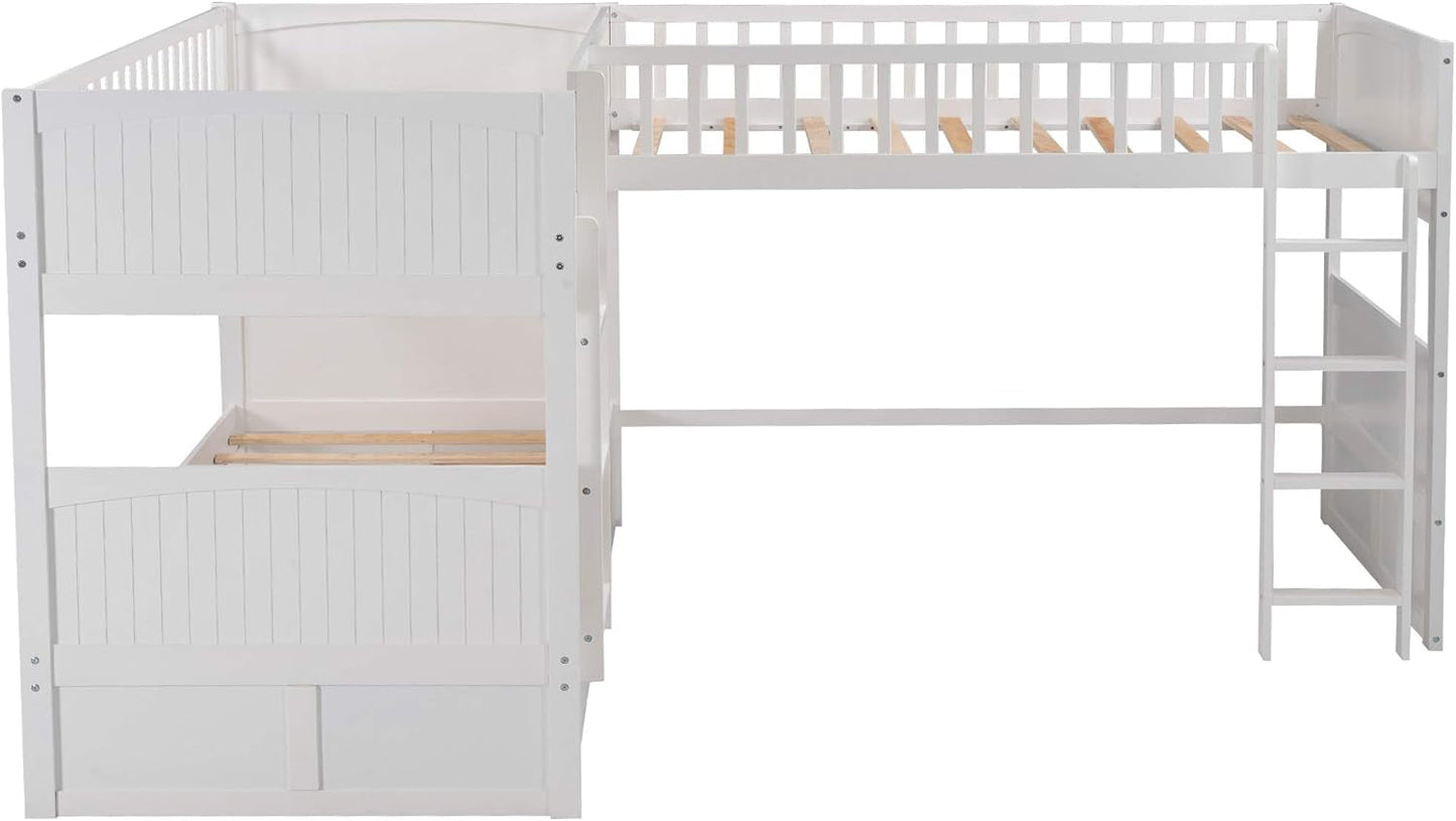 L Shaped Solid Wood Bunk Bed, Twin over Twin over Twin Bed with 2 Drawers and 2 Ladders, Twin Size Bunk Bed with a Loft Bed Attached, White