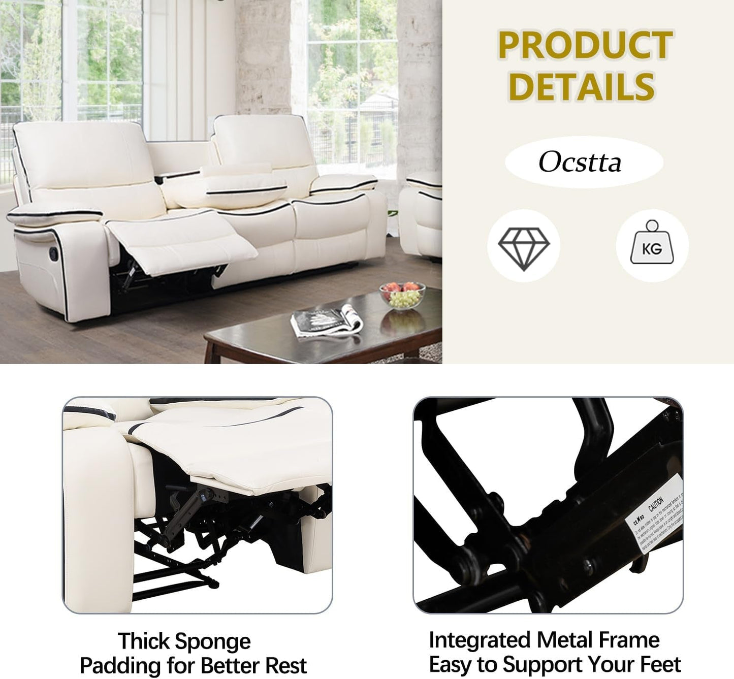 Leather Recliner Sofa Set, Leather Couch Set for Living Room, Living Room Furniture Set with Storage Console & Cup Holder for Living Room/Office (Recliner Couch Set) Creamy White