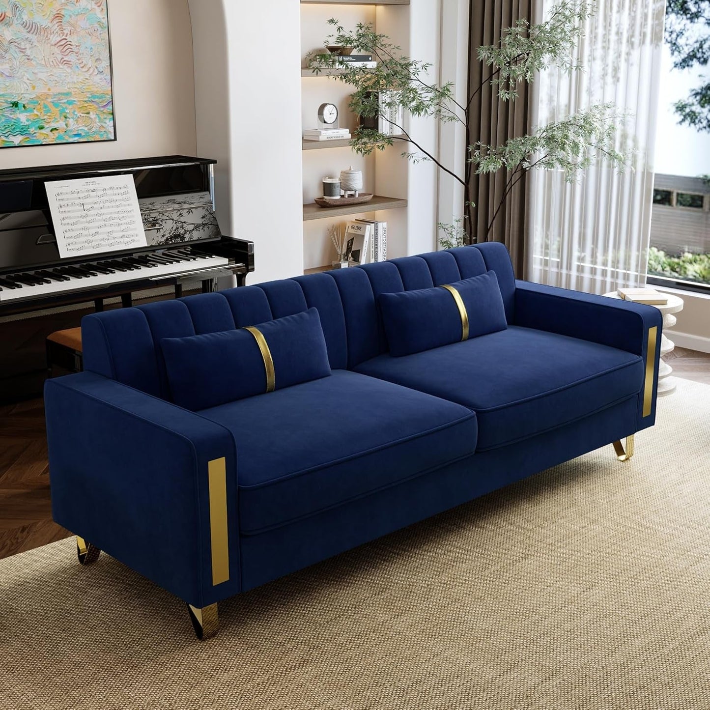 2-Piece Loveseat Couch Set for Living Room, 86" Blue Velvet Sofa Couch with 4 Pillows & Gold Metal Legs, Modern Upholstered Sofa Set Love Seat Sectional Couches for Apartment Home Office