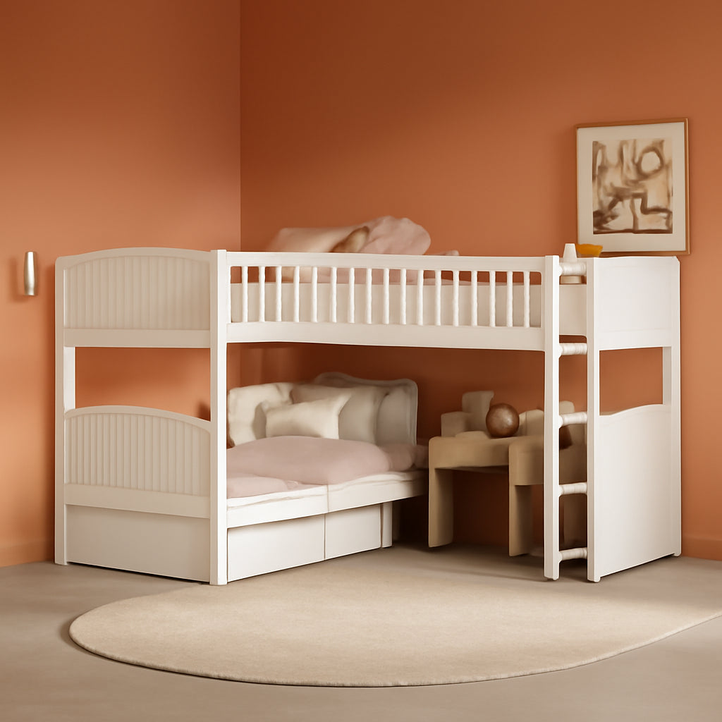 L Shaped Solid Wood Bunk Bed, Twin over Twin over Twin Bed with 2 Drawers and 2 Ladders, Twin Size Bunk Bed with a Loft Bed Attached, White