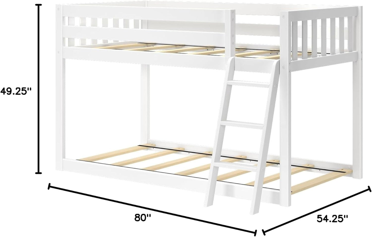 White Fundamental Twin Low Bunk Bed, Kids Solid Wood Modern Bed Frame