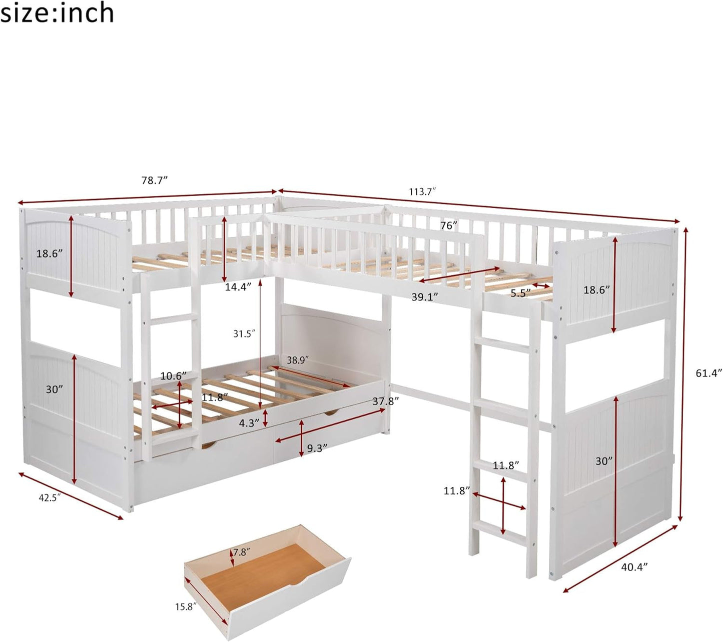 L Shaped Solid Wood Bunk Bed, Twin over Twin over Twin Bed with 2 Drawers and 2 Ladders, Twin Size Bunk Bed with a Loft Bed Attached, White