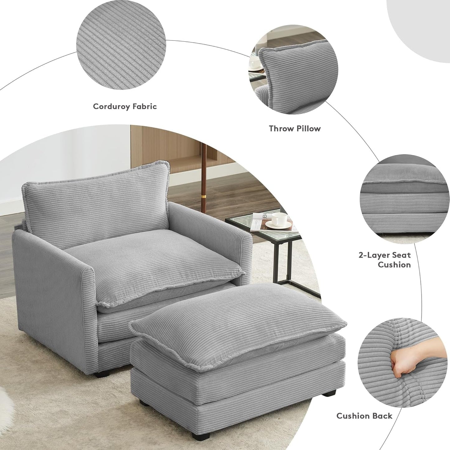 Convertible Sectional Couch with Ottoman, Corduroy Single Armchair with Ottoman, Upholstered Couch with Convertible Chaise, Modern Living Room Furniture Set, Light Grey