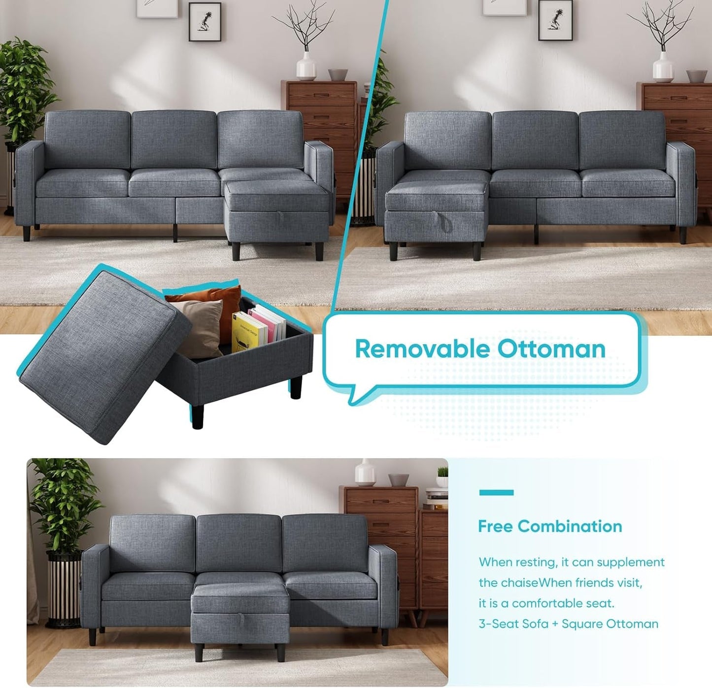6 Seaters Sectional Upholstered Sofa, Linen Fabric Sofa Couch with Side Pockets, Free Combination Sofa Set with Movable Storage Ottoman, for Living Room-Sofa&Loveseat&Chair&Ottoman,Dark Grey