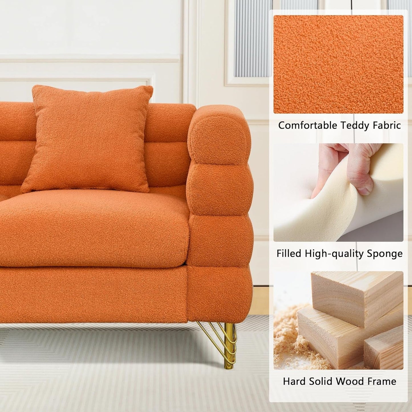 Orange Oversized Corner Sofa 5 Seat Teddy Couch