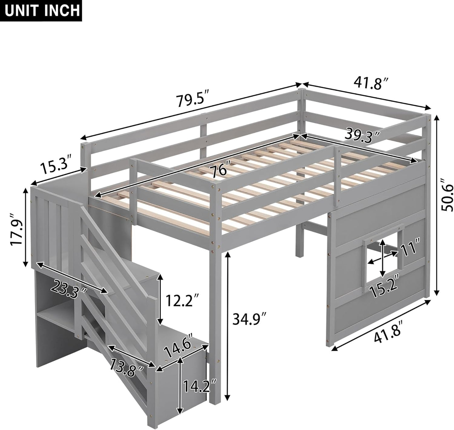 Twin Size Low Loft Bed with Stairs, Kids Loft Bed with Storage,Solid Wood Twin Loft Bed Frame for Kids, Space Saving Low Loft Bed for Boys, Girls, Gray