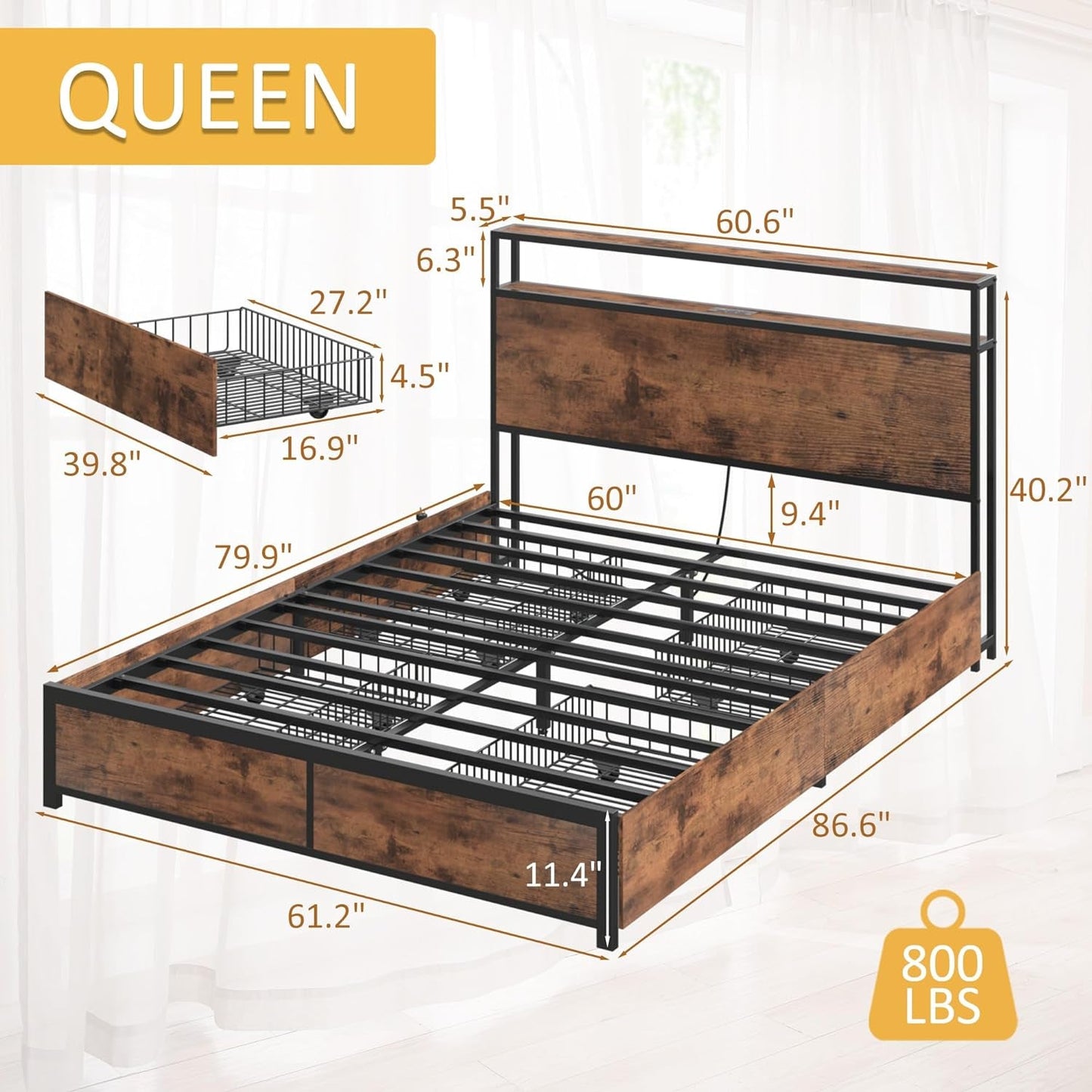 Vintage Queen Bed Storage Headboard, Drawers, Charge, LED