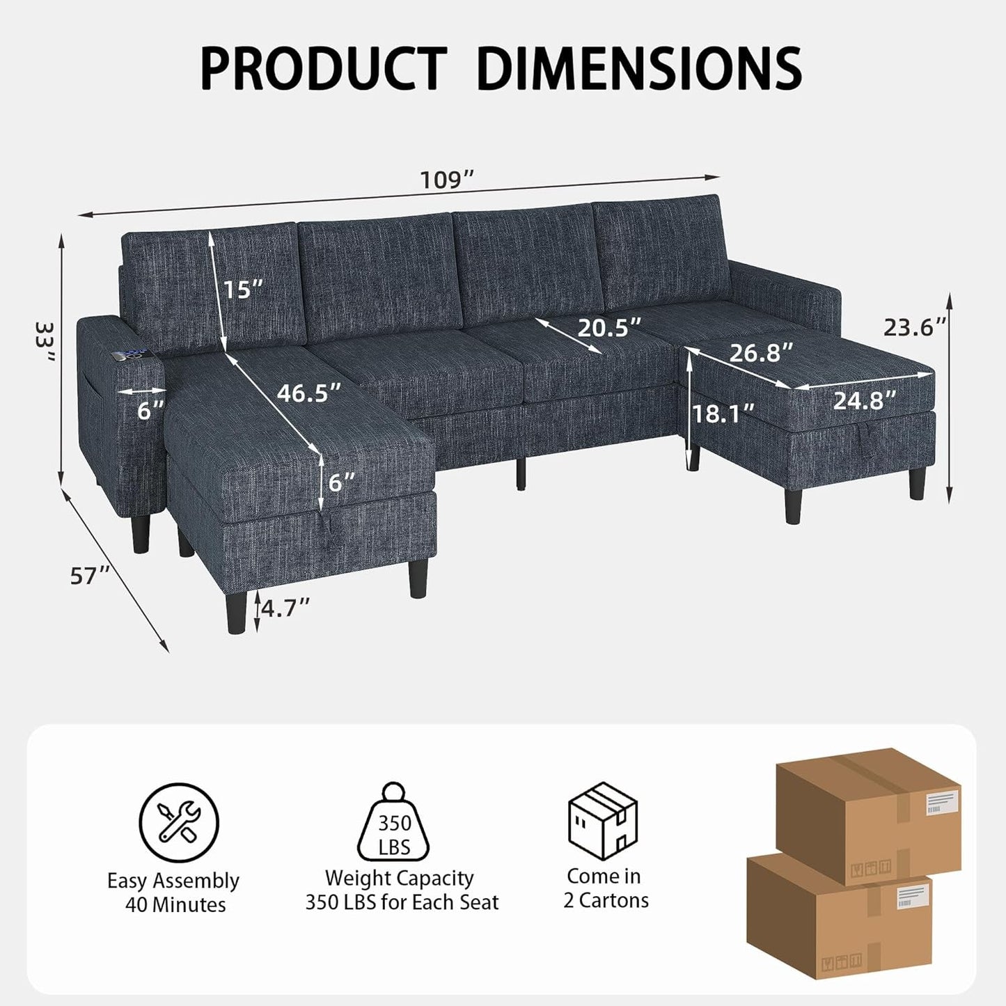 Sectional Couches for Living Room, 4 Seat Linen Sectional Sofa with Reversible Chaise Lounge/Storage Ottoman, U Shaped Couch with Smart Module-Wireless Charging/Usb/Type-C/Rgb Light (Blue)