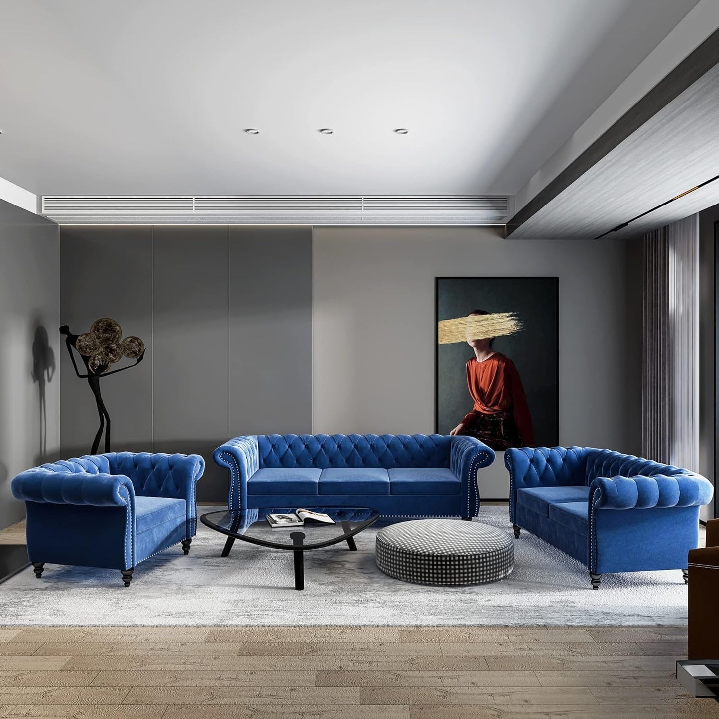 3-Piece Living Room Sectional Sofa Set, Blue Couch Upholstered Sofa Modern Sofa Couches Set Style Button Tufted, Velvet Chesterfield Sofa for Living Room Apartment, 1+2+3 Seat Blue