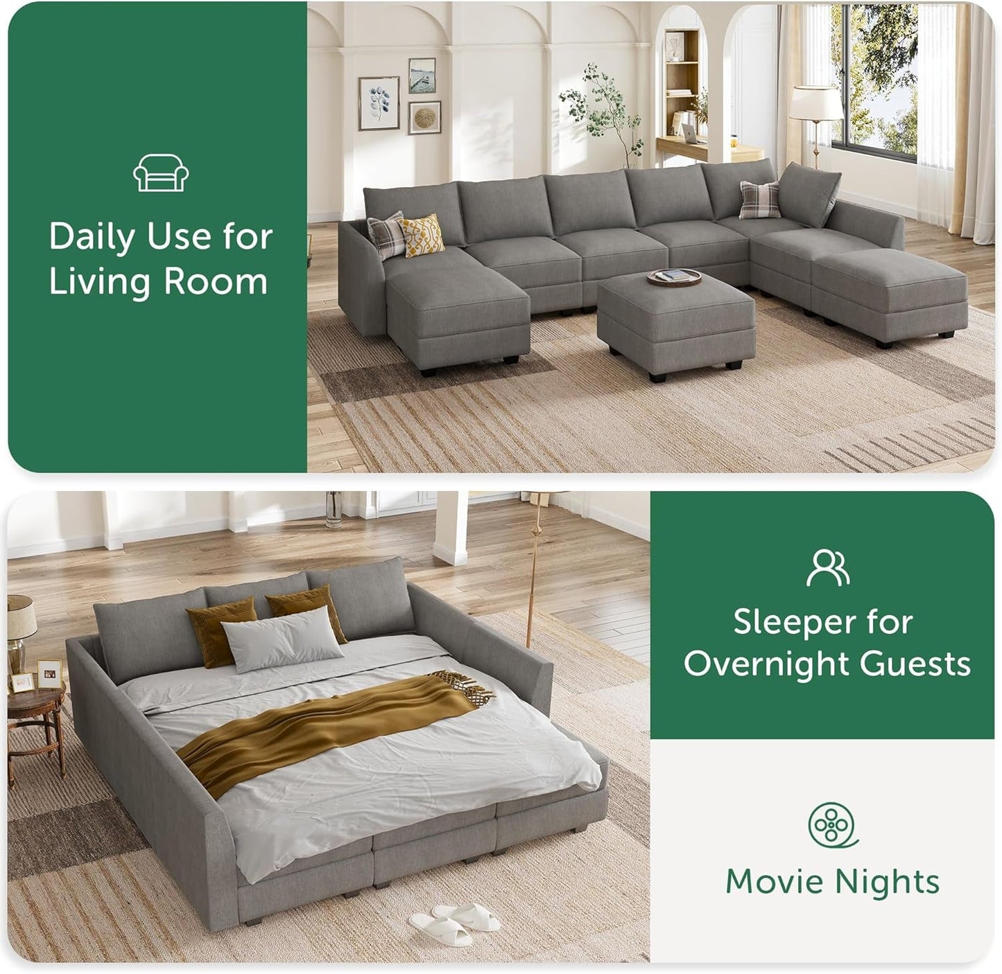 Oversized Modular Sectional Sofa with Storage Seats Reversible Sectional Couch with Ottomans U Shaped Modular Sectional Couch for Living Room, Grey