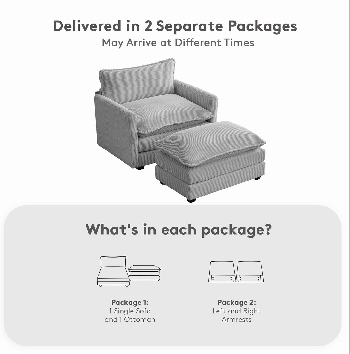 Convertible Sectional Couch with Ottoman, Corduroy Single Armchair with Ottoman, Upholstered Couch with Convertible Chaise, Modern Living Room Furniture Set, Light Grey