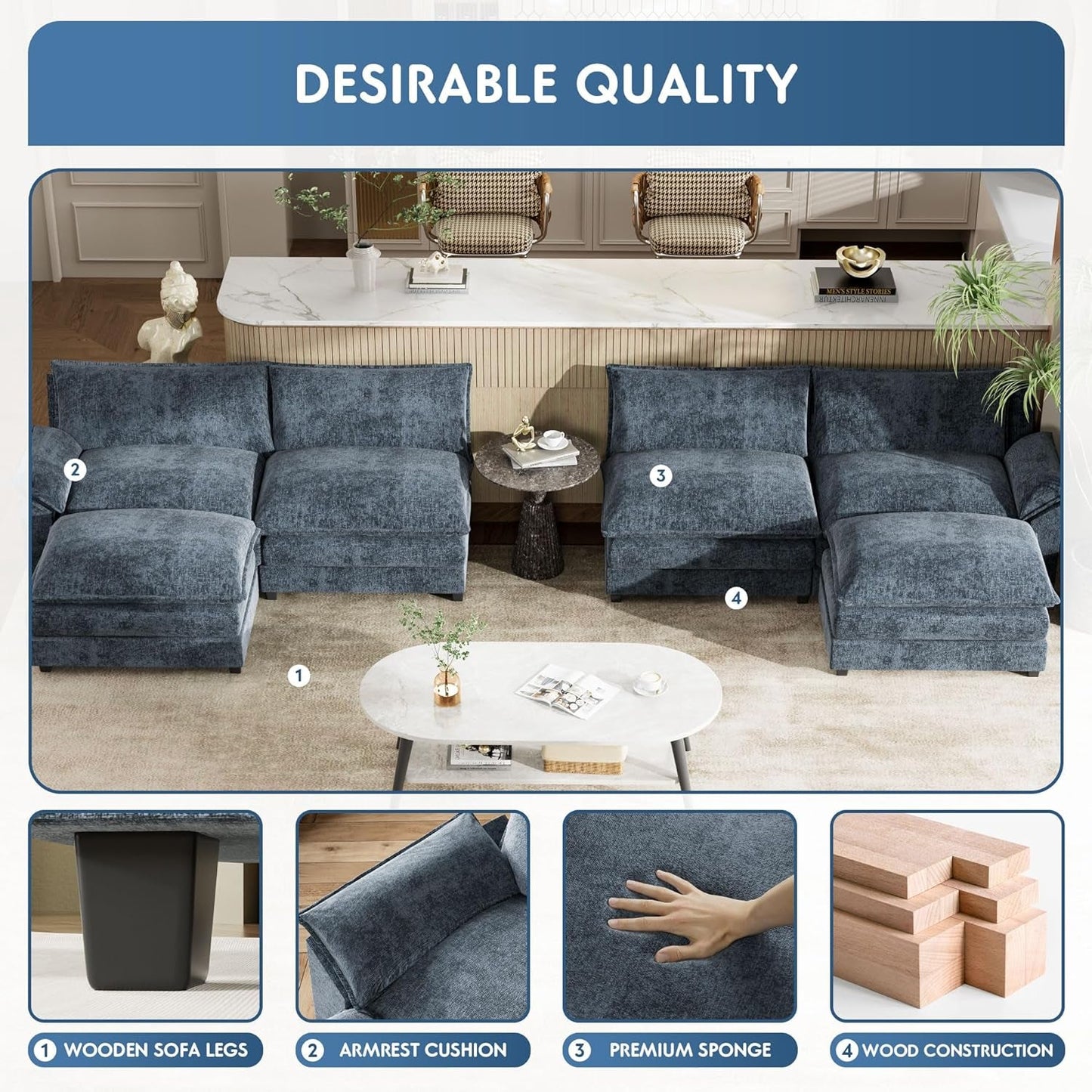 Sectional Modular Sofa U Shaped Chenille Fabric Couch with High Supportive & Soft Sponges and Removable Ottoman, Sleeper Comfy Upholstered Furniture for Living Room, Blue