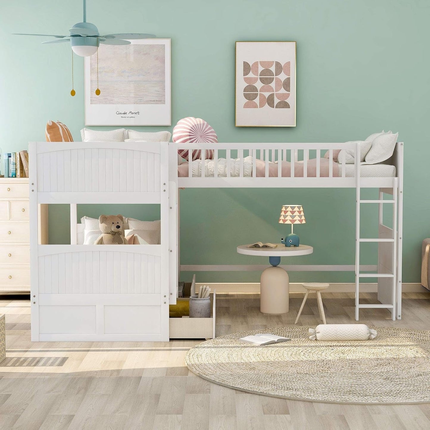 L Shaped Solid Wood Bunk Bed, Twin over Twin over Twin Bed with 2 Drawers and 2 Ladders, Twin Size Bunk Bed with a Loft Bed Attached, White