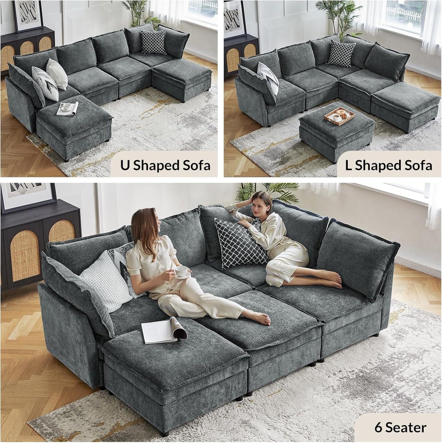 127'' Modular Sectional Sofa, Oversized U Shaped Couch with Storage Ottoman, Extra Deep Seat, Modern Comfy Chenille Sofa with Chaise, 6 Seat Convertible Couches for Living Room, Grey