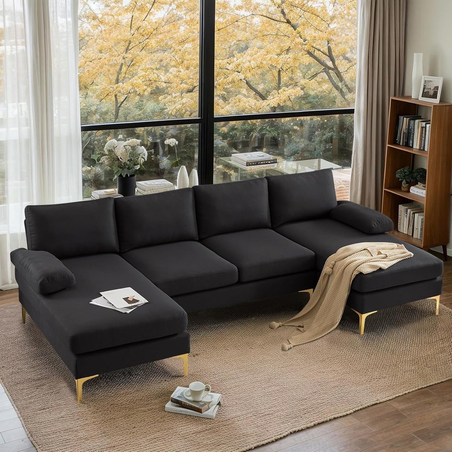 110" Modern U Shaped Sectional Couch with 51"D Double Chaise for Living Room, Black Deep Seat Sectional Sofa Sets with 5.9" Thickness Seating Padding for Home Furniture,Linen Fabric,Metal Legs