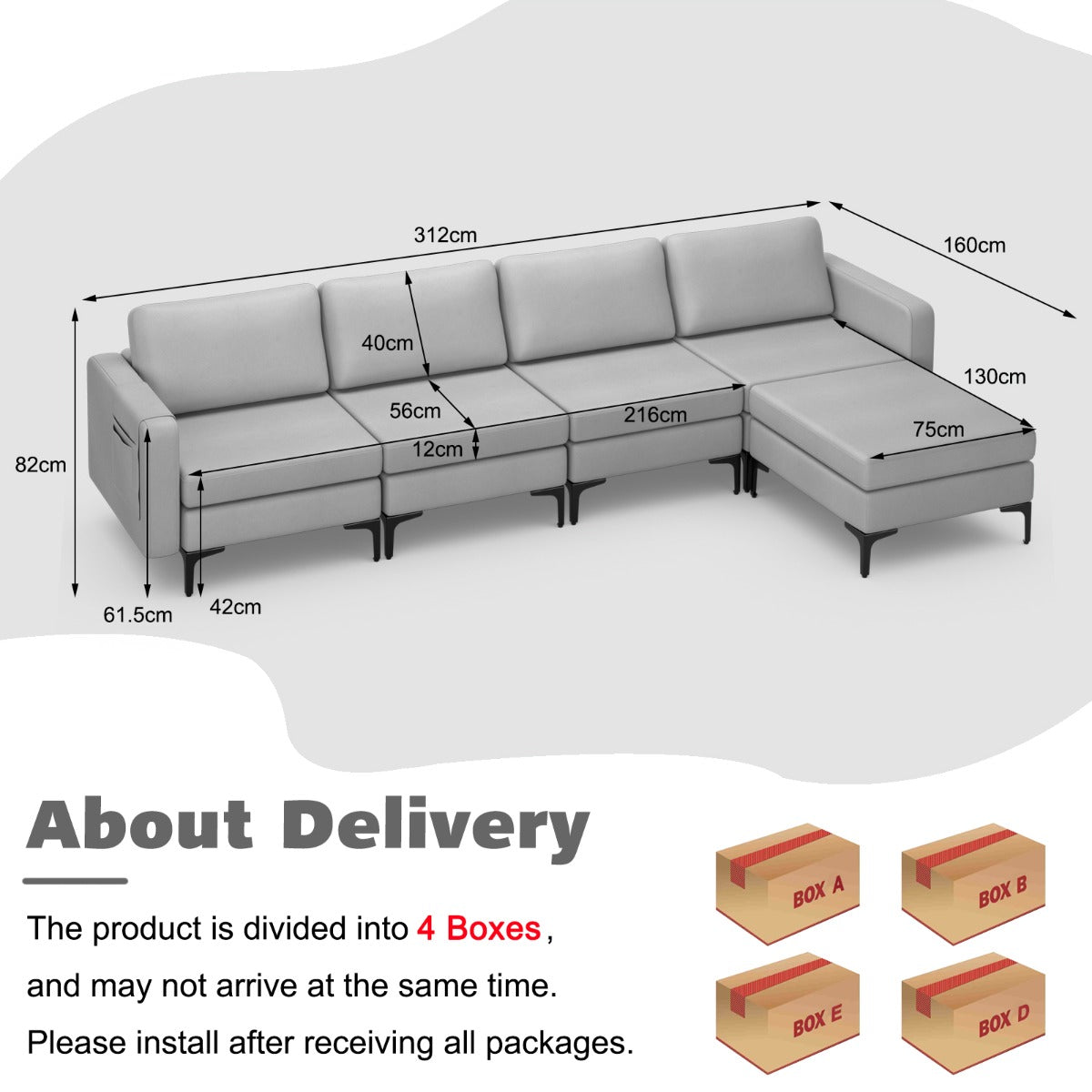 NNECW Sectional Sofa Couch with Reversible Ottoman for Living Room