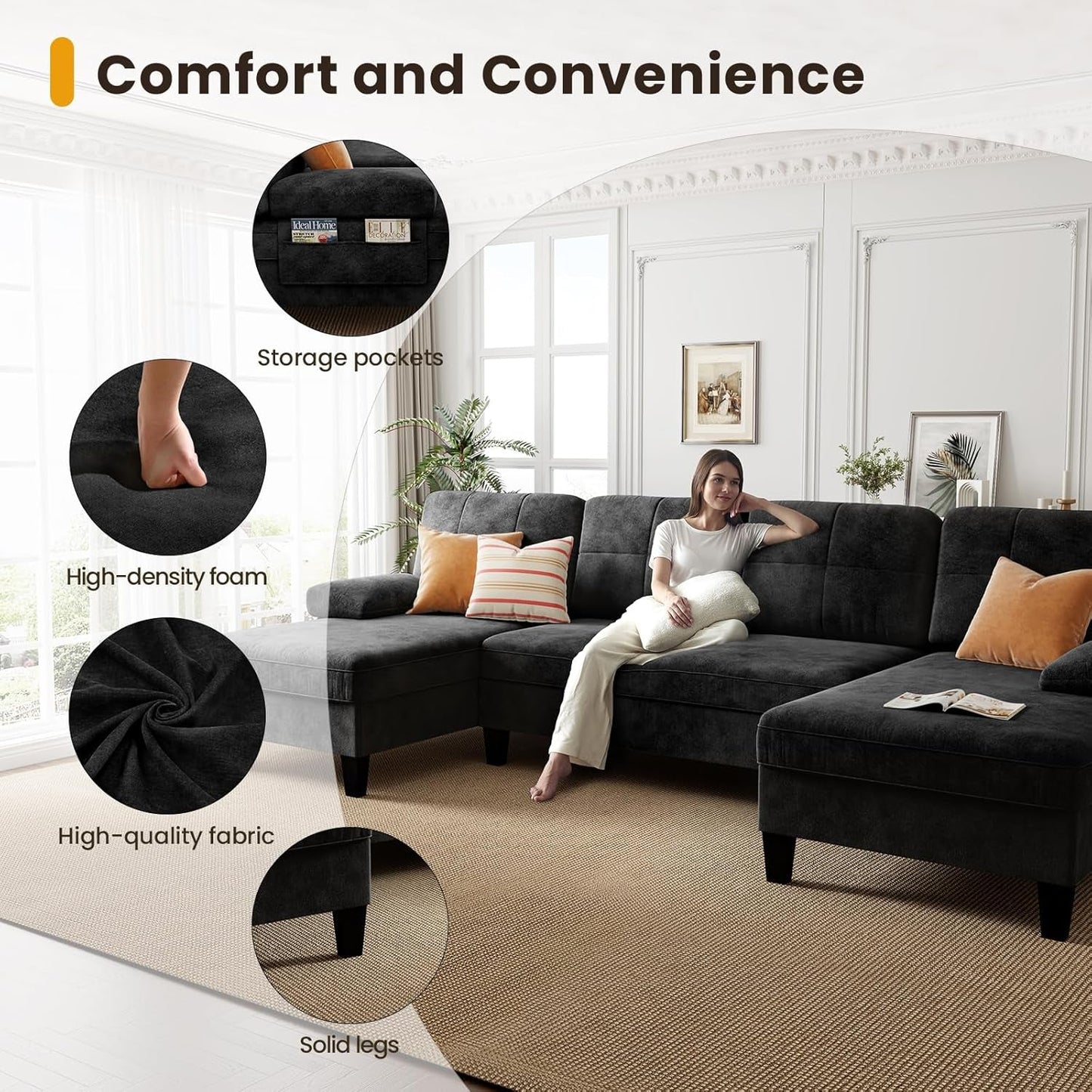 Oversized U Shaped Sectional Sofa with Storage Pockets