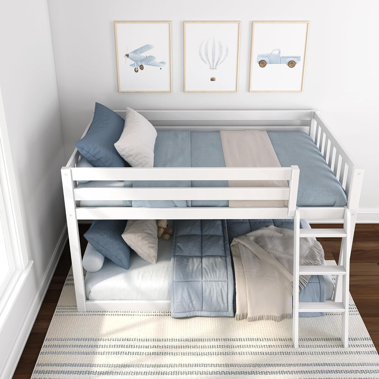 White Fundamental Twin Low Bunk Bed, Kids Solid Wood Modern Bed Frame