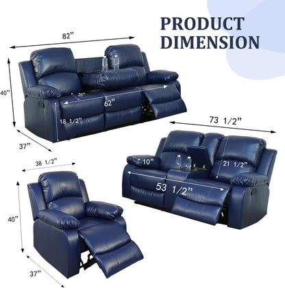 Manual Leather Recliner Sofa Set for Living Room Furniture Set,Leather Recliner Couch Set for Home/Office,Leather Couch Set for 3-Pieces(Sofa+Loveseat+Chair) Blue