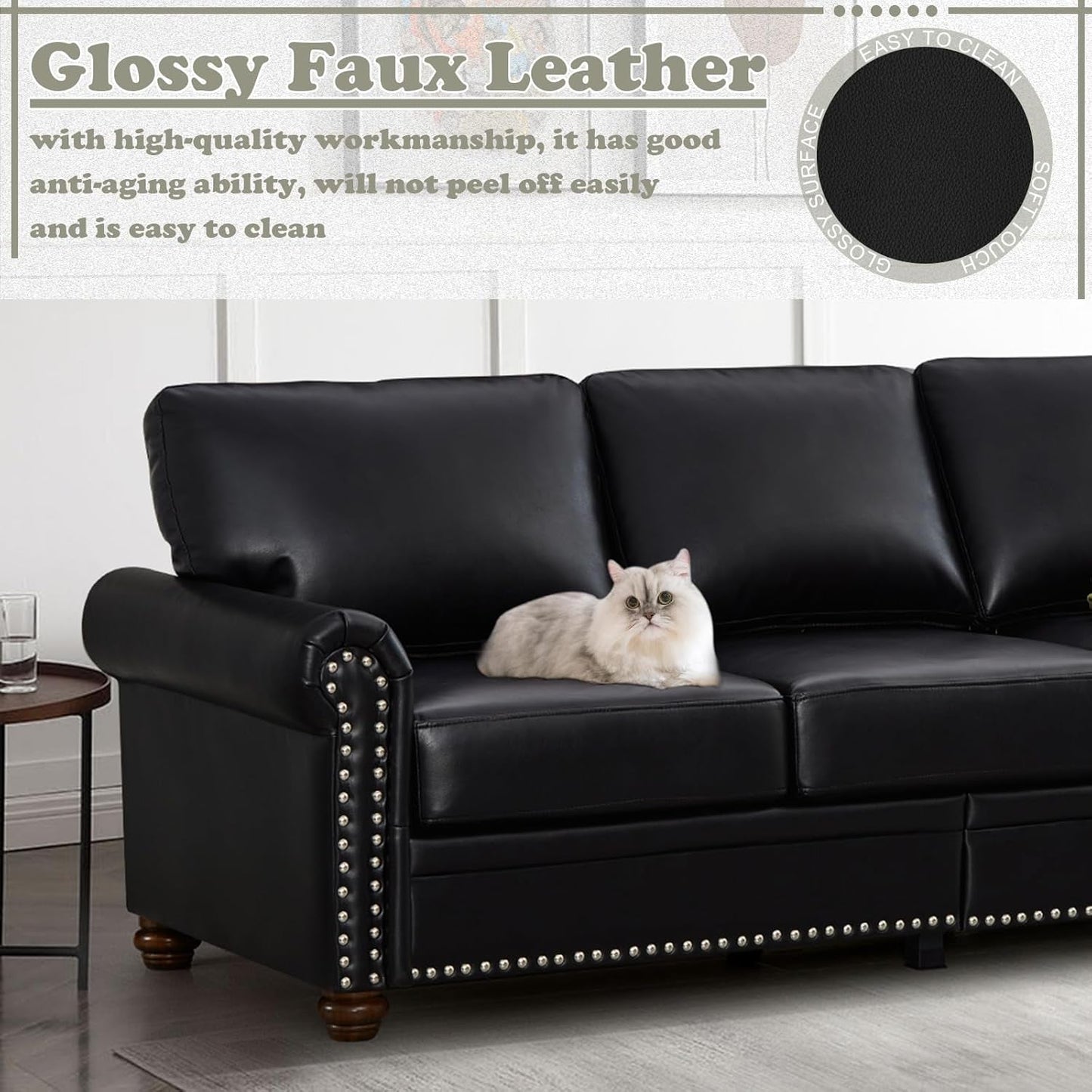 2-Piece Comfy Upholstered PU Leather Sofa Couch Set, Mid-Century Modern Loveseat Sofa+3 Seater Couch with Storage Space for Living Room, Furniture Set, Black