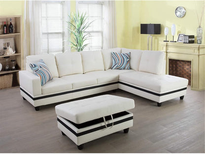 Sectional Sofa Faux Leather Modern L Shaped Couch Set 103.5”Wide Including Chaise and 3 Seating Sofa with Storage Ottoman for Living Room Furniture (Right Hand Facing, A-White)