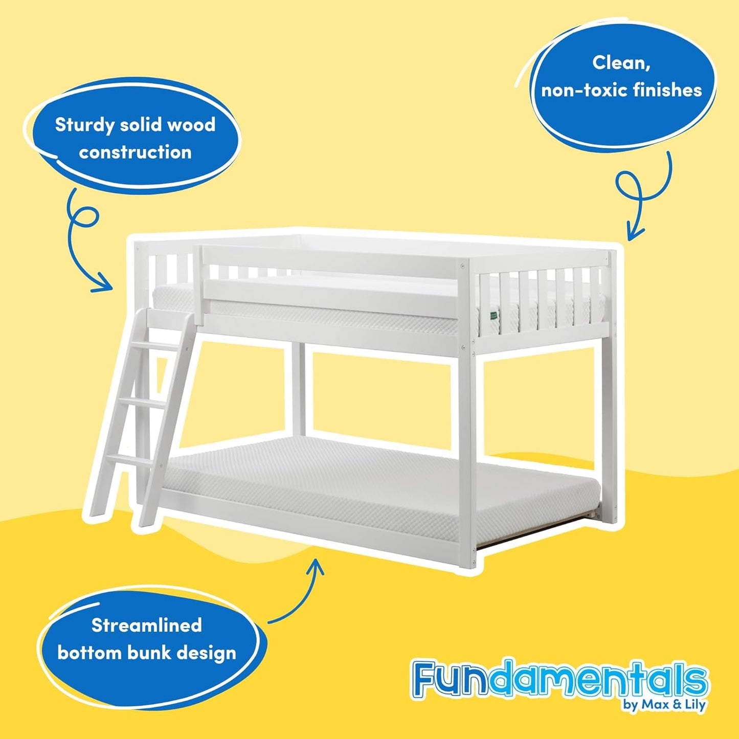 White Fundamental Twin Low Bunk Bed, Kids Solid Wood Modern Bed Frame