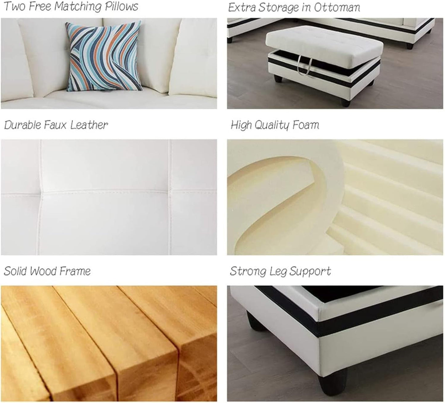 Sectional Sofa Faux Leather Modern L Shaped Couch Set 103.5”Wide Including Chaise and 3 Seating Sofa with Storage Ottoman for Living Room Furniture (Right Hand Facing, A-White)