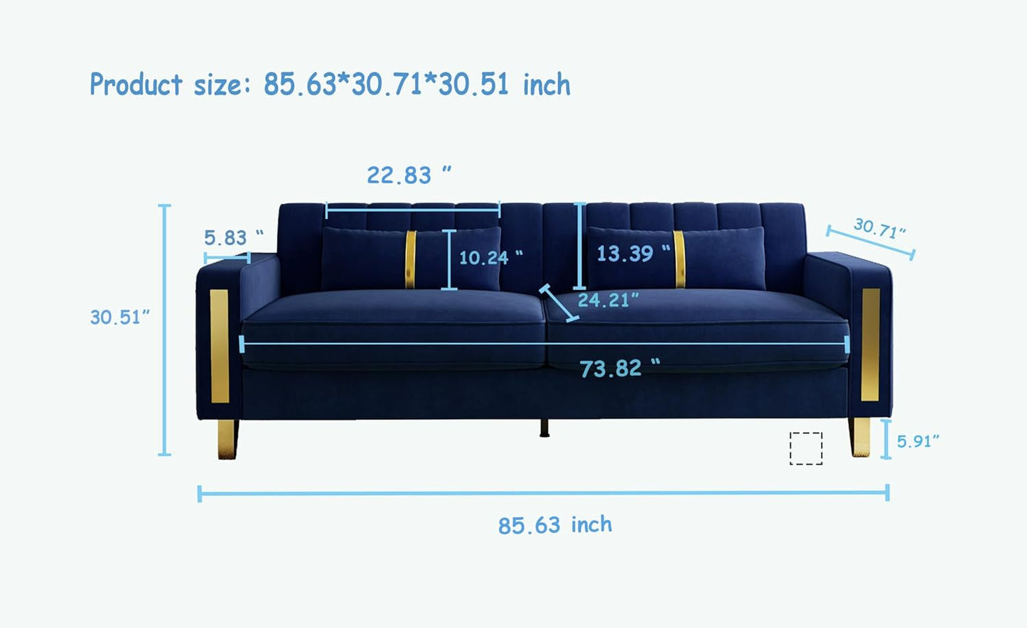 2-Piece Loveseat Couch Set for Living Room, 86" Blue Velvet Sofa Couch with 4 Pillows & Gold Metal Legs, Modern Upholstered Sofa Set Love Seat Sectional Couches for Apartment Home Office