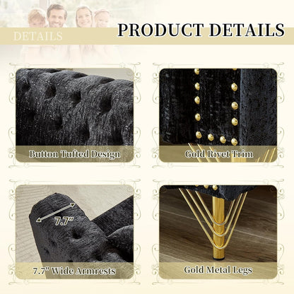 2 Pieces Chenille Living Room Furniture Sofa Couch Set,Button Tufted Comfy Couch with Nailhead Trim&Metal Legs,Mid Century Modern Couch and Loveseat Sets for Living Room(Loveseat+3 Seater Sofa,Black)