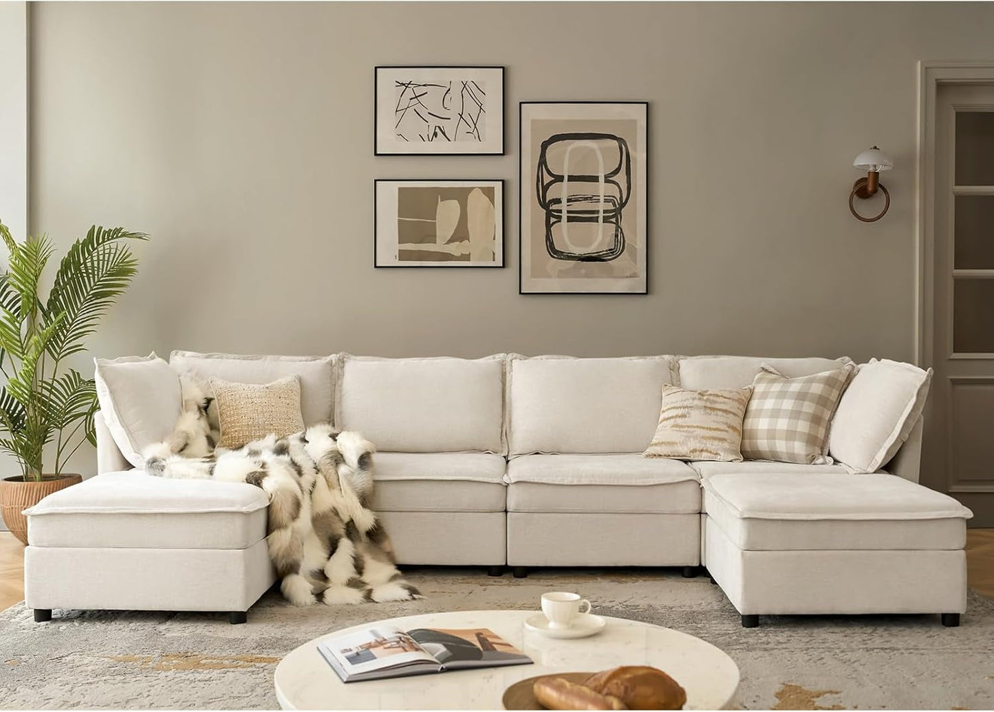 127'' Modular Sectional Sofa, Oversized U Shaped Couch with Storage Ottoman, Extra Deep Seat, Modern Comfy Chenille Sofa with Chaise, 6 Seat Convertible Couches for Living Room, Beige