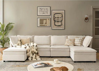 127'' Modular Sectional Sofa, Oversized U Shaped Couch with Storage Ottoman, Extra Deep Seat, Modern Comfy Chenille Sofa with Chaise, 6 Seat Convertible Couches for Living Room, Beige