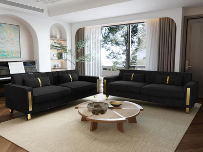 2-Piece Loveseat Couch Set for Living Room, 86" Black Velvet Sofa Couch with 4 Pillows & Gold Metal Legs, Modern Upholstered Sofa Set Love Seat Sectional Couches for Apartment Home Office