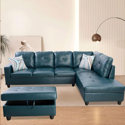 L-Shaped 3-Piece Semi PU Synthetic Leather Sofa with Storage Ottoman Set, Sectional Couch Sofa Set for Living Room, Office, Small Space, Peacock Blue