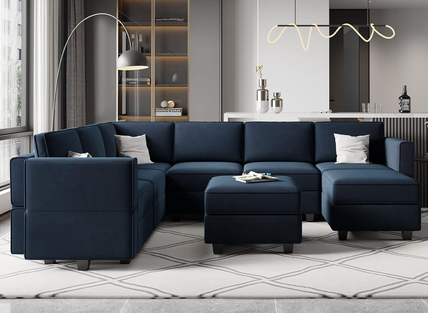 Modular Velvet Sectional Sofa with Storage Seat Oversized U Shaped Couch with Reversible Chaise Sofa Set with Ottoman Blue