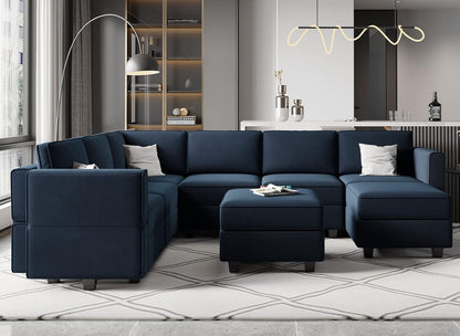 Modular Velvet Sectional Sofa with Storage Seat Oversized U Shaped Couch with Reversible Chaise Sofa Set with Ottoman Blue