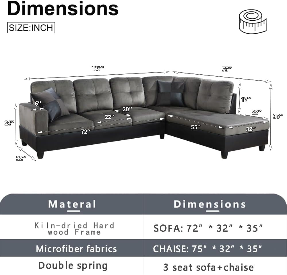 2 Pieces Sectional Sofa Sets, L-Shape Sofa Microfiber Couch Living Room Sofa Set with Chaise Using for Living Room Furniture(A-Taupe, Right Hand Facing)