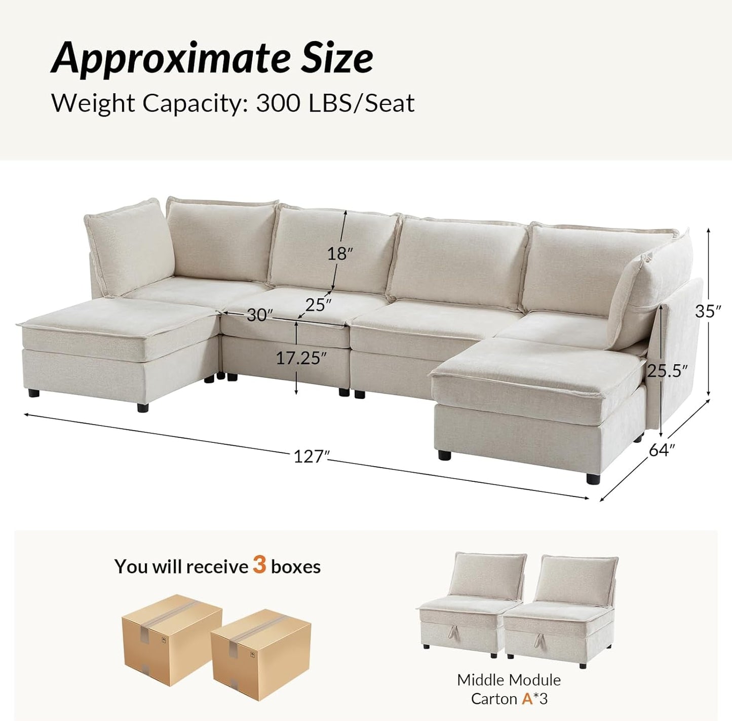 127'' Modular Sectional Sofa, Oversized U Shaped Couch with Storage Ottoman, Extra Deep Seat, Modern Comfy Chenille Sofa with Chaise, 6 Seat Convertible Couches for Living Room, Beige