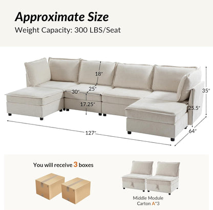 127'' Modular Sectional Sofa, Oversized U Shaped Couch with Storage Ottoman, Extra Deep Seat, Modern Comfy Chenille Sofa with Chaise, 6 Seat Convertible Couches for Living Room, Beige
