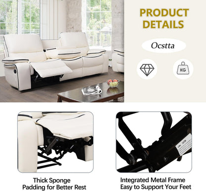 Leather Recliner Sofa Set, Leather Couch Set for Living Room, Living Room Furniture Set with Storage Console & Cup Holder for Living Room/Office (Recliner Couch Set) Creamy White