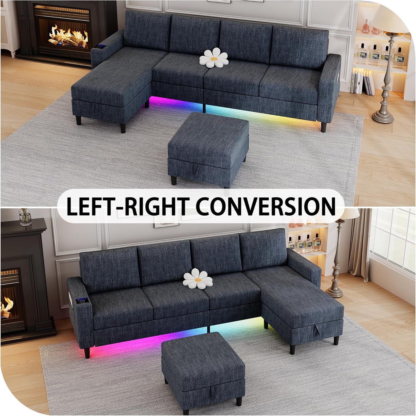 Sectional Couches for Living Room, 4 Seat Linen Sectional Sofa with Reversible Chaise Lounge/Storage Ottoman, U Shaped Couch with Smart Module-Wireless Charging/Usb/Type-C/Rgb Light (Blue)