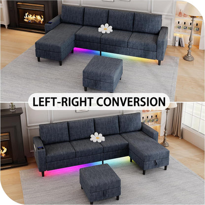 Sectional Couches for Living Room, 4 Seat Linen Sectional Sofa with Reversible Chaise Lounge/Storage Ottoman, U Shaped Couch with Smart Module-Wireless Charging/Usb/Type-C/Rgb Light (Blue)