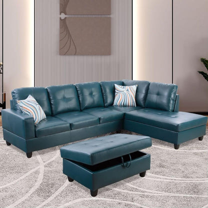 L-Shaped 3-Piece Semi PU Synthetic Leather Sofa with Storage Ottoman Set, Sectional Couch Sofa Set for Living Room, Office, Small Space, Peacock Blue