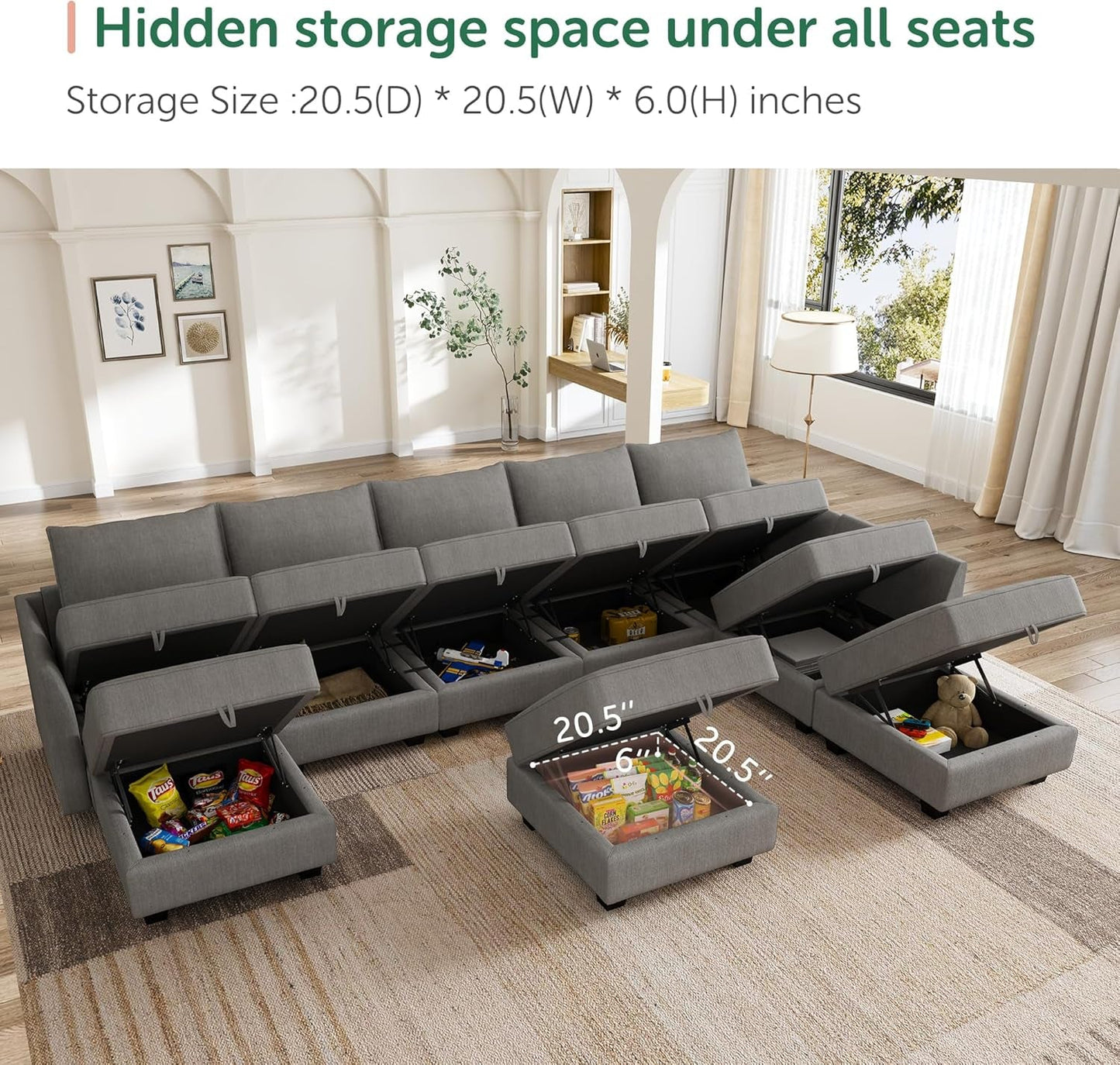 Oversized Modular Sectional Sofa with Storage Seats Reversible Sectional Couch with Ottomans U Shaped Modular Sectional Couch for Living Room, Grey