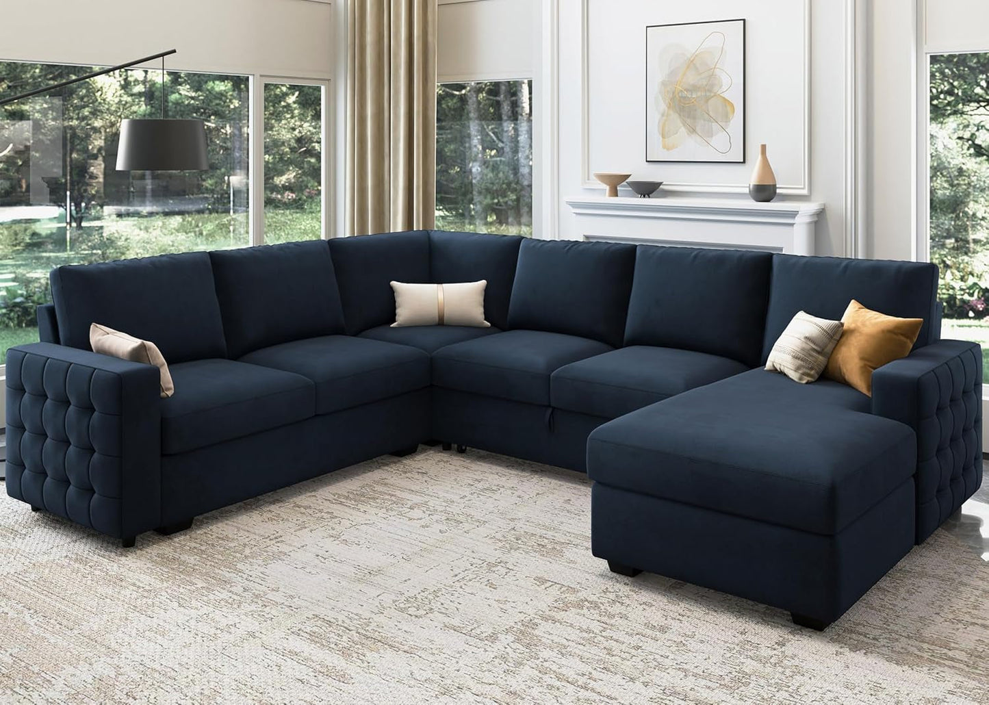 Velvet U-Sectional Sleeper Sofa, Pull-Out Bed, Blue