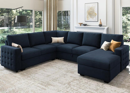 Velvet U-Sectional Sleeper Sofa, Pull-Out Bed, Blue