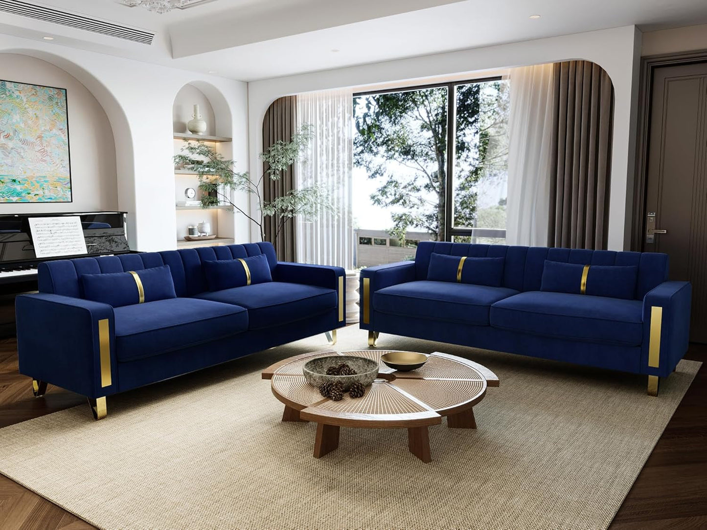2-Piece Loveseat Couch Set for Living Room, 86" Blue Velvet Sofa Couch with 4 Pillows & Gold Metal Legs, Modern Upholstered Sofa Set Love Seat Sectional Couches for Apartment Home Office