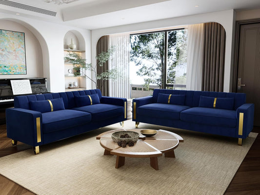2-Piece Loveseat Couch Set for Living Room, 86" Blue Velvet Sofa Couch with 4 Pillows & Gold Metal Legs, Modern Upholstered Sofa Set Love Seat Sectional Couches for Apartment Home Office