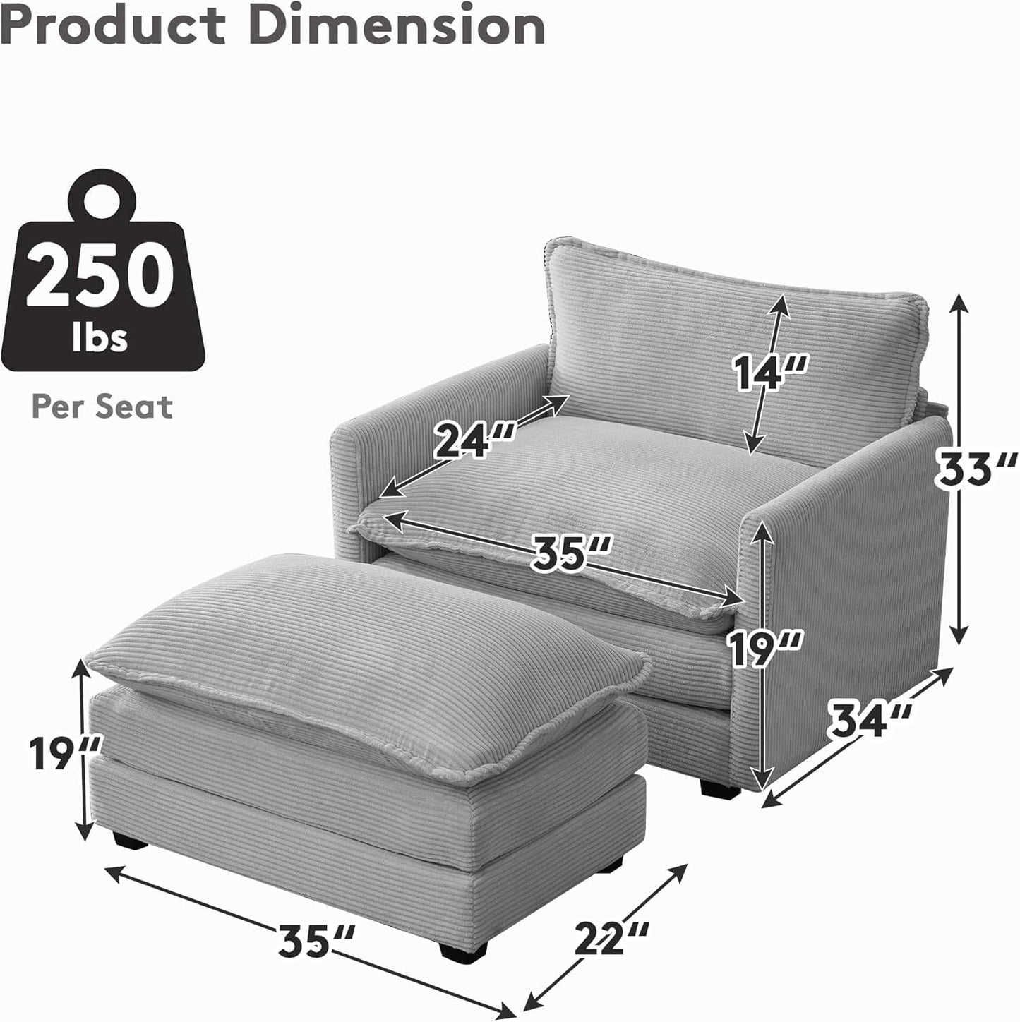 Convertible Sectional Couch with Ottoman, Corduroy Single Armchair with Ottoman, Upholstered Couch with Convertible Chaise, Modern Living Room Furniture Set, Light Grey