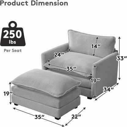 Convertible Sectional Couch with Ottoman, Corduroy Single Armchair with Ottoman, Upholstered Couch with Convertible Chaise, Modern Living Room Furniture Set, Light Grey